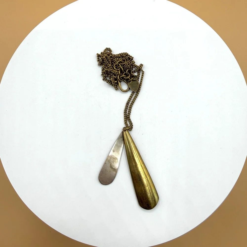 Antique Gold Tone Double Teardrop Pendant Long Chain Statement Necklace Gift